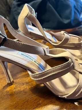 Manolo Blahnik Taupe Strappy Leather Heels